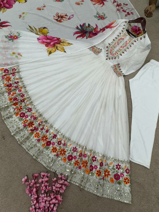 Heavy Chinon Silk With full Heavy Embroidery Sequence Work with Sleeve and Attached Cup White Flair Kurti Set&nbsp;