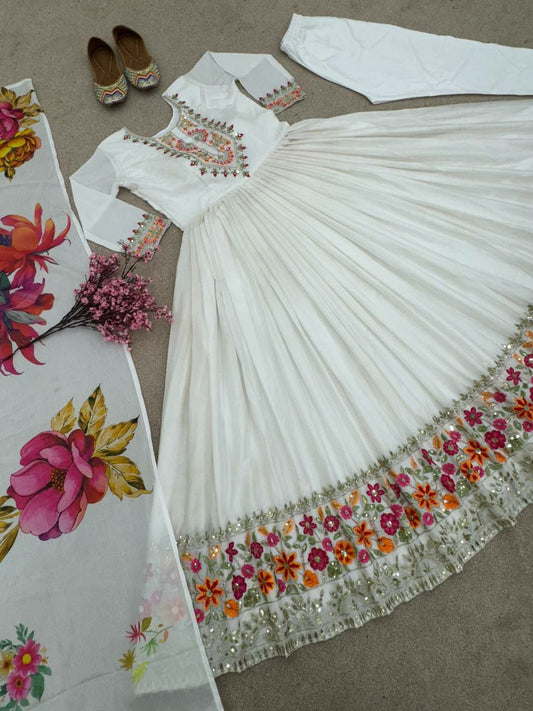 Heavy Chinon Silk With full Heavy Embroidery Sequence Work with Sleeve and Attached Cup White Flair Kurti Set&nbsp;