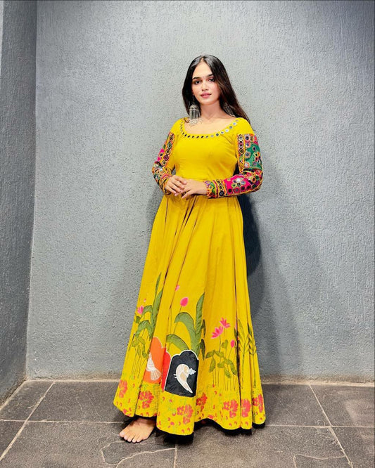 New Haldi Ceremony Yellow Wear Gown With Dupatta Rayon Fabric With Digital Print And Real Mirror Work