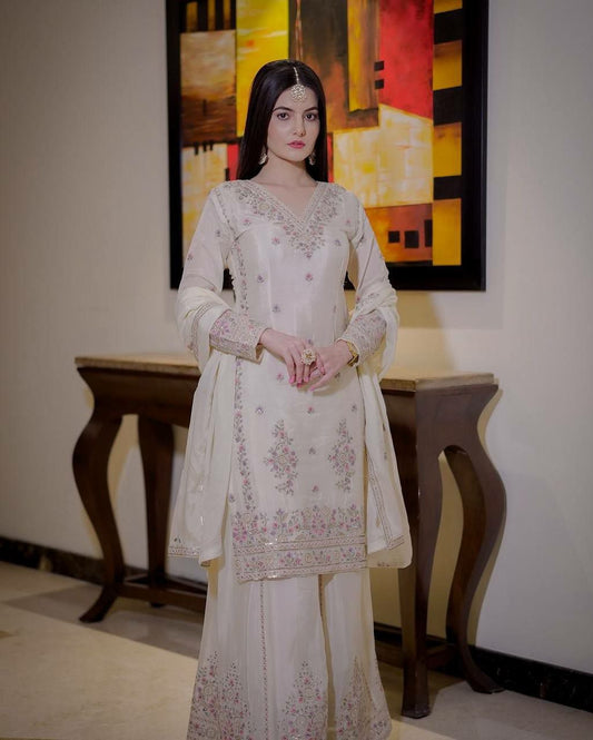 Launching New Beautiful Design Ready Made Collection White Fancy Embroidery And Sequins Work Top - Plazzo With Dupatta