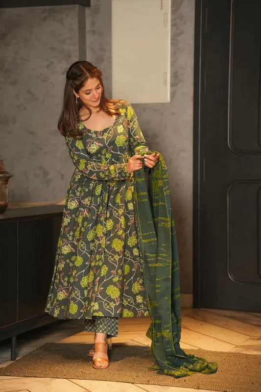Green Color Silk Satin With Digital Prints Gown Pair For Women For Party And Wedding Wear