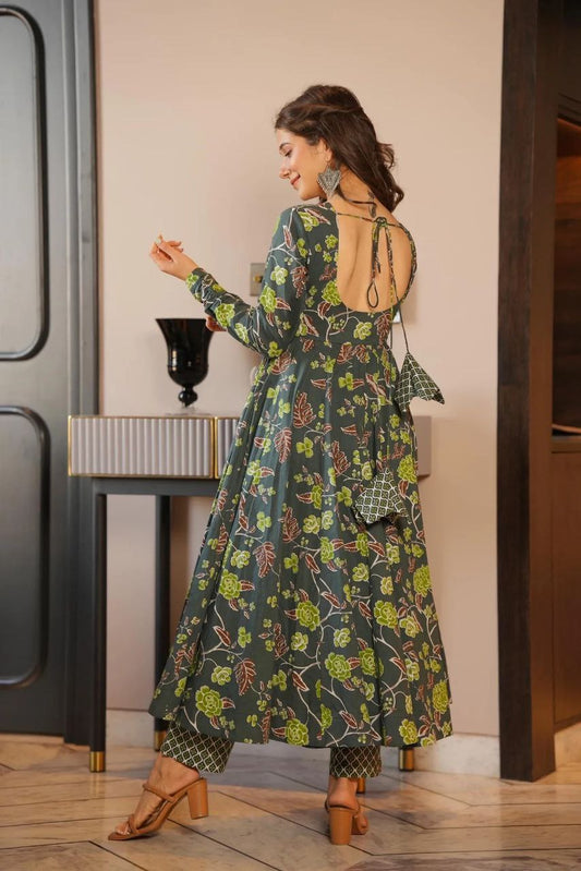 Green Color Silk Satin With Digital Prints Gown Pair For Women For Party And Wedding Wear