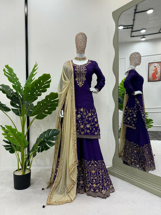 Designer Suit on Chinon Silk febric with Inner and Sequnce With Thred work and Sharara