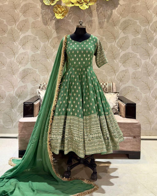 Pure Heavy Chinnon Silk With Full Heavy Embroidery Sequence Work full Sleeve Gown