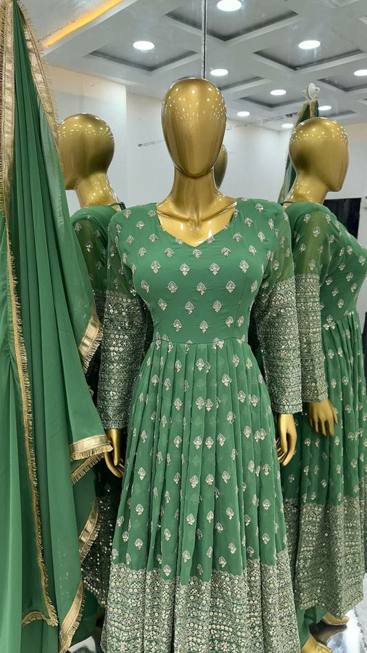 Pure Heavy Chinnon Silk With Full Heavy Embroidery Sequence Work full Sleeve Gown