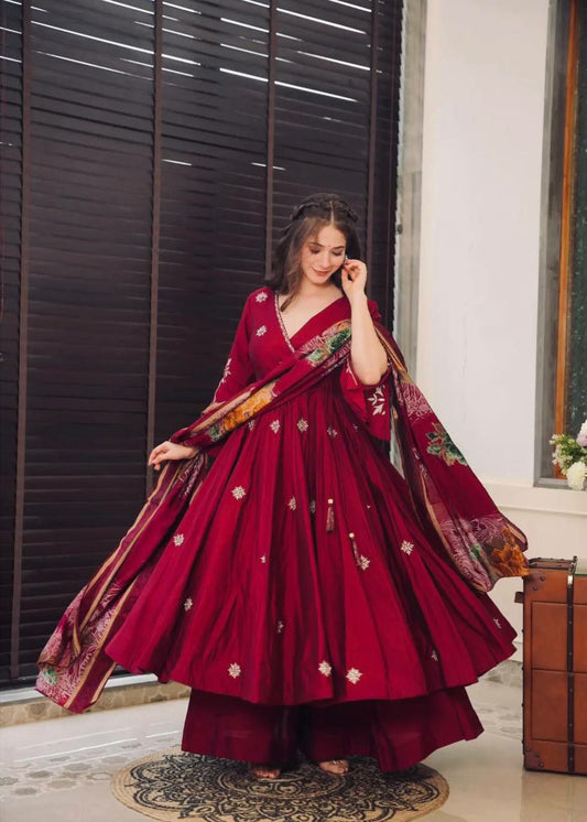 Pure Chinnon Silk With Embroidery Work With Fancy Full Sleeve Anarkali kurti set for women