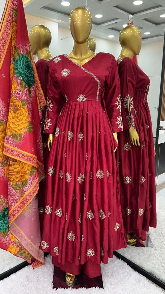 Pure Chinnon Silk With Embroidery Work With Fancy Full Sleeve Anarkali kurti set for women