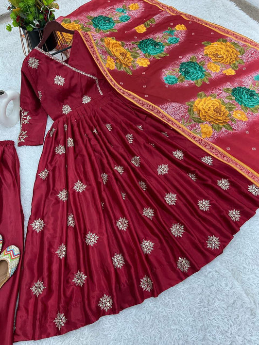 Pure Chinnon Silk With Embroidery Work With Fancy Full Sleeve Anarkali kurti set for women