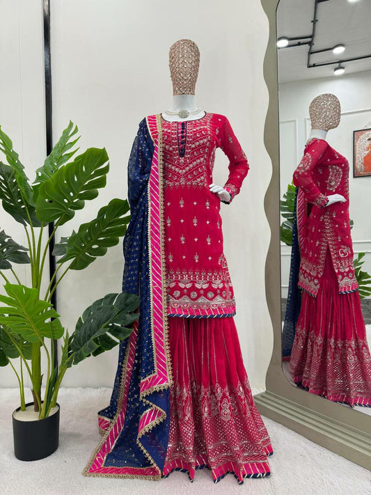 New Embroidery Faux Georgette Kurti And Sharara Set For Women For Wedding