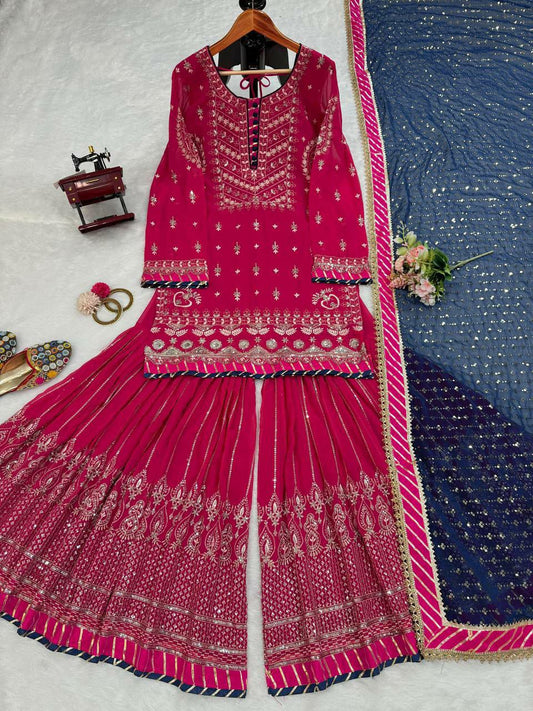 New Embroidery Faux Georgette Kurti And Sharara Set For Women For Wedding