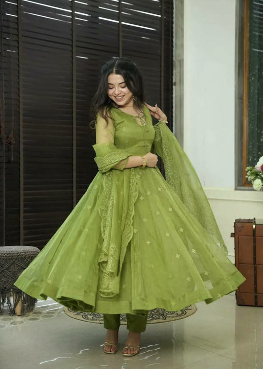 Heavy Faux Georgette With Embroidery Work With Fancy Full Sleeve Anarkali Kurti Set&nbsp;