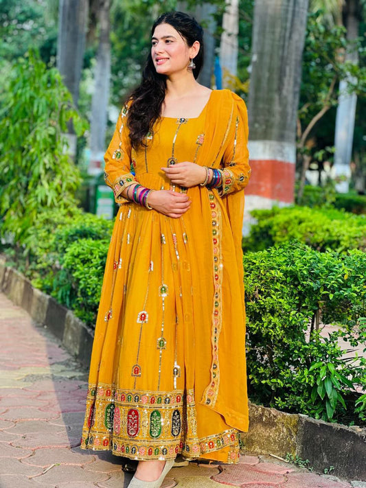 Heavy Faux Georgette With 5mm Sequence And Embroidery Work ( Fully Sleevs ) Haldi Wear