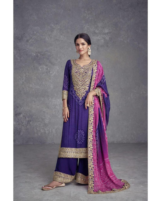Heavy Chinon With Digital Print With Embroidery Sequence Work With Heavy With Full Sleeve Bandhni kurti set