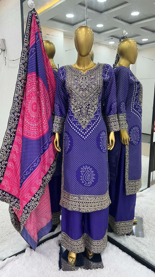 Heavy Chinon With Digital Print With Embroidery Sequence Work With Heavy With Full Sleeve Bandhni kurti set