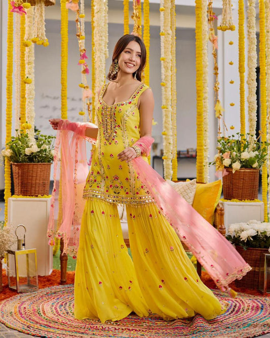New Haldi Ceremony Faux Georgette Kurti And Sharara Pair Women