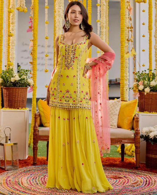 New Haldi Ceremony Faux Georgette Kurti And Sharara Pair Women
