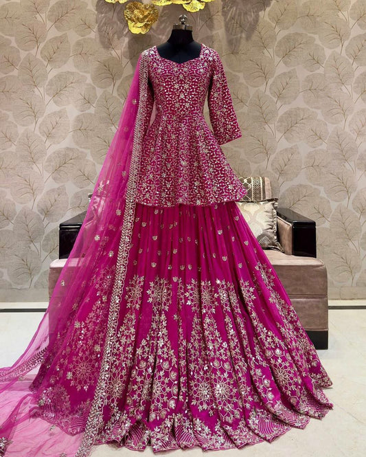 Georgette Full Heavy Embroidery Sequence Work Full sleeve Top And Bottom Set For Women For Wedding&nbsp;