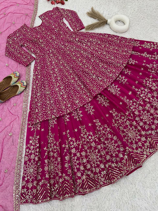 Georgette Full Heavy Embroidery Sequence Work Full sleeve Top And Bottom Set For Women For Wedding&nbsp;