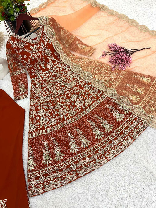 Pure Heavy Faux Georgette With *Full Heavy Embroidery Sequence Work* *Full Sleeve Gown Pair For Women
