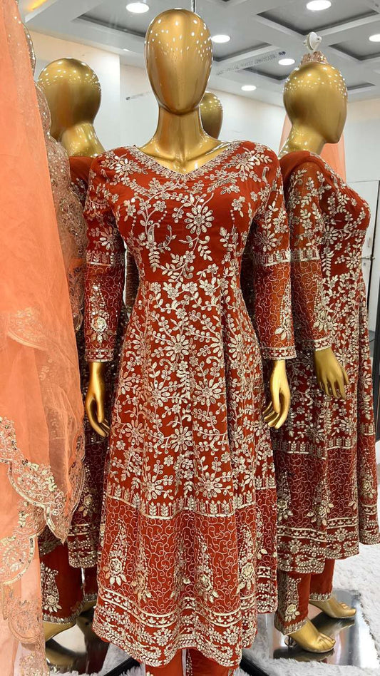 Pure Heavy Faux Georgette With *Full Heavy Embroidery Sequence Work* *Full Sleeve Gown Pair For Women