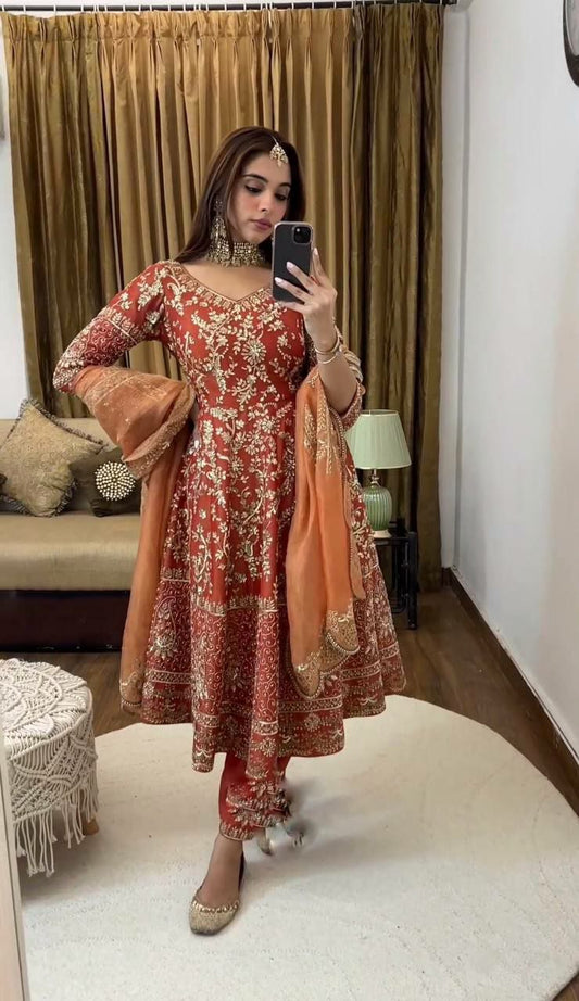 Pure Heavy Faux Georgette With *Full Heavy Embroidery Sequence Work* *Full Sleeve Gown Pair For Women