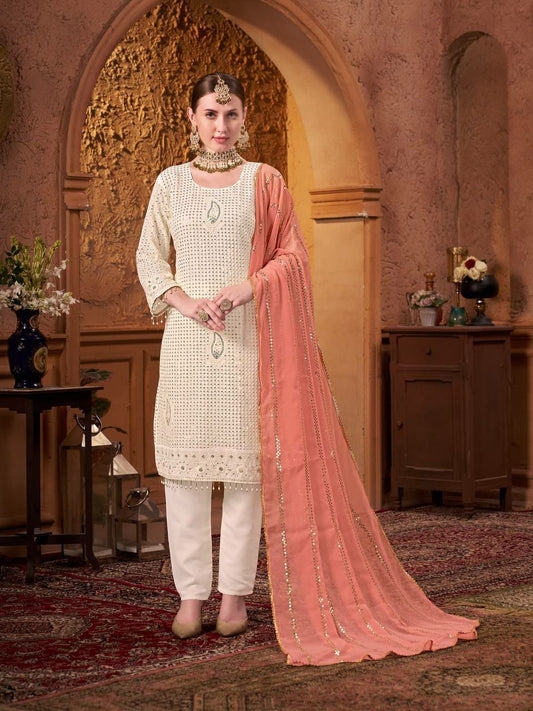 NEW ARRIVAL WHITE KURTI HAVY FOUX GOARGATYE WITH HAVY EMBROIDERY WORK AND MOTI LACE WORK&nbsp;