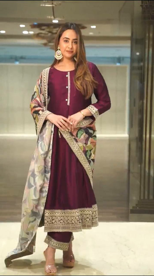 Pure Heavy Chinnon Silk With Full Heavy Embroidery Sequence Work with Sleeve Kurti Set For Women&nbsp;