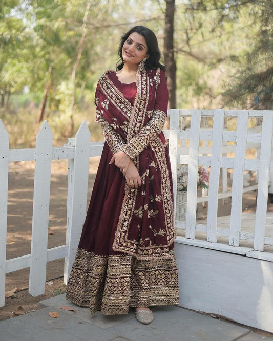 Heavy Faux Georgette With Full Heavy Embroidery Sequence Work with Sleeves Gown&nbsp;