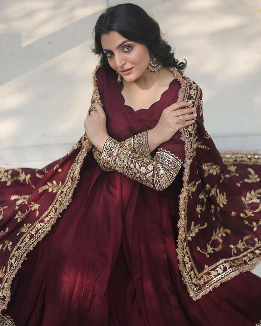 Heavy Faux Georgette With Full Heavy Embroidery Sequence Work with Sleeves Gown&nbsp;