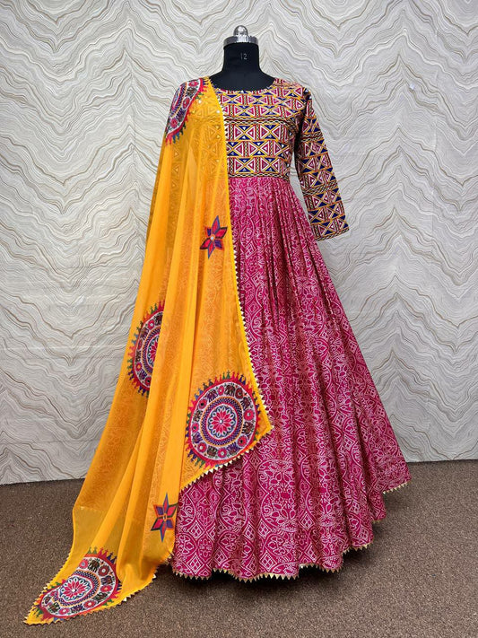 pure chinon silk fancy embroidery work And fancy digital print with fancy lace border. and real merror handwor gown