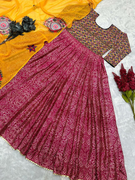pure chinon silk fancy embroidery work And fancy digital print with fancy lace border. and real merror handwor gown
