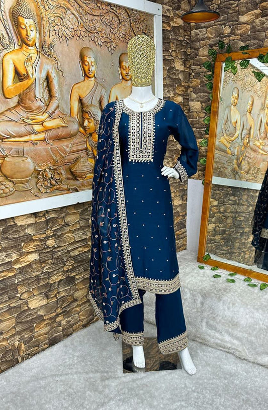 HEAVY VICHITRA SILK WITH HAVY EMBROIDERY WORK BLUE FLAIR KURTI