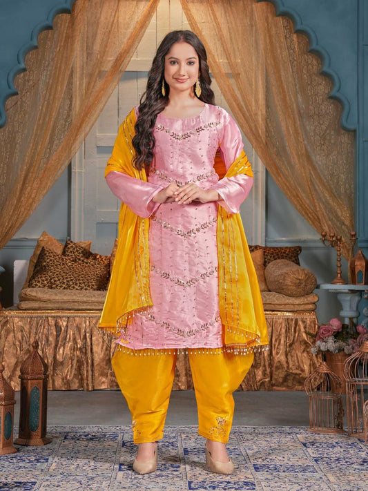 HEAVY ZIMIY CHUWITH HAVY EMBROIDERY 5 MM SIQAVS WORK AND MOTI WORK PATIYALA SET