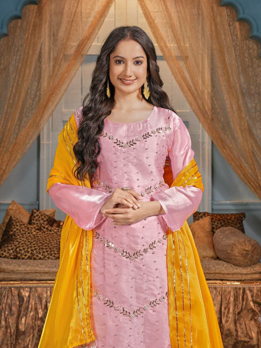 HEAVY ZIMIY CHUWITH HAVY EMBROIDERY 5 MM SIQAVS WORK AND MOTI WORK PATIYALA SET
