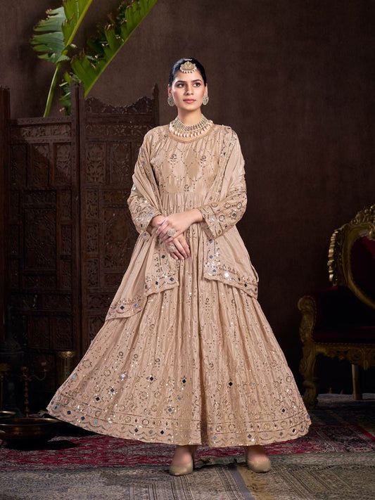 HEAVY CHINON SILK WITH EMBRODARY WORK WITH FULL SLEEVES AND REAL MIPRROR WORK GOWN