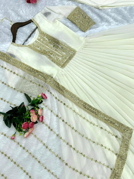 PRESENTING 3 PIECE STYLISH GOWN AND DUPATTA WITH BEAUTIFUL BOTTOM FABRICS DETAIL GOWN
