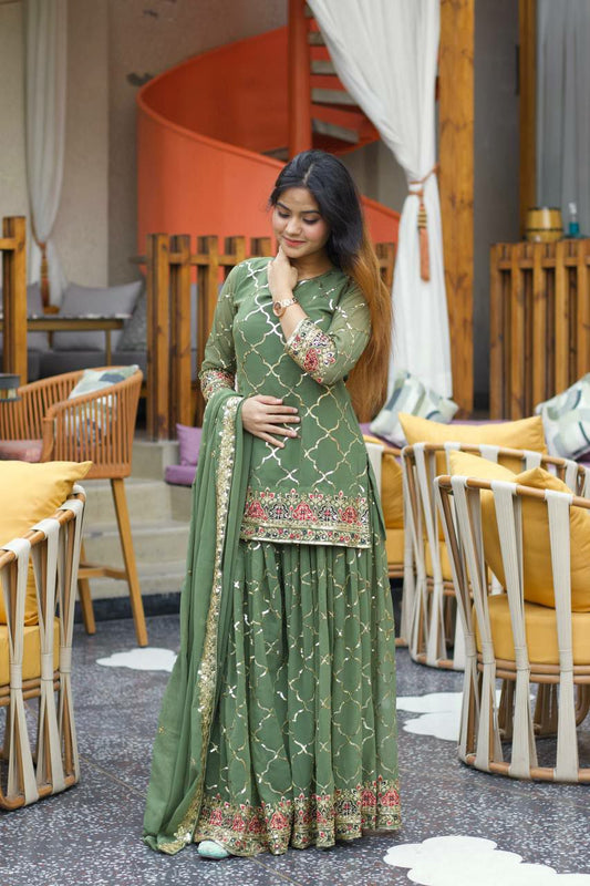 Heavy Faux Georgette Material With 5mm Sequence Embroidery Work. (Fully Sleeves ) Top Inner : Micro Cotton Sharara Set