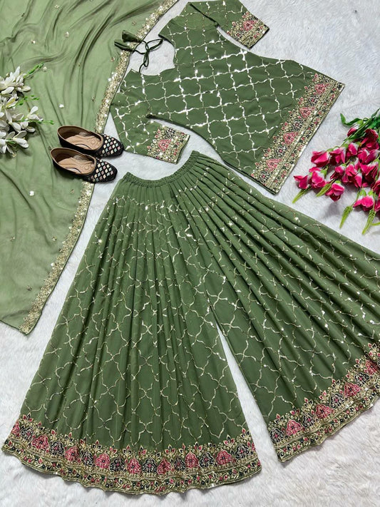 Heavy Faux Georgette Material With 5mm Sequence Embroidery Work. (Fully Sleeves ) Top Inner : Micro Cotton Sharara Set