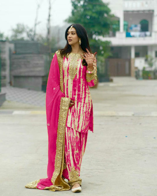 Pure Chinnon Silk With Digital Print and Heavy Embroidery Sequence Work With Real Mirror Work And Full Sleeve Kurti