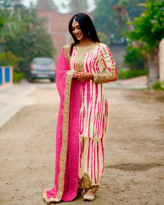 Pure Chinnon Silk With Digital Print and Heavy Embroidery Sequence Work With Real Mirror Work And Full Sleeve Kurti