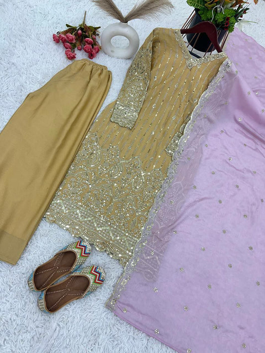 Kurti Set Pure Heavy Chinnon Silk With Heavy Embroidery Sequence Work With Full Sleeve