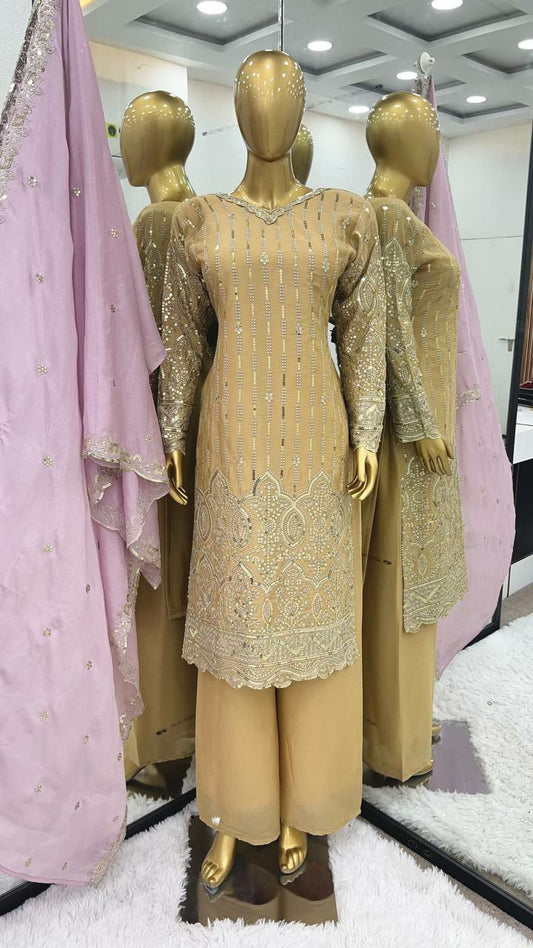 Kurti Set Pure Heavy Chinnon Silk With Heavy Embroidery Sequence Work With Full Sleeve