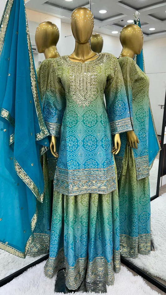 Heavy Chinon With Digital Print With Embroidery Sequence Work With Heavy With Full Sleeve Kurti