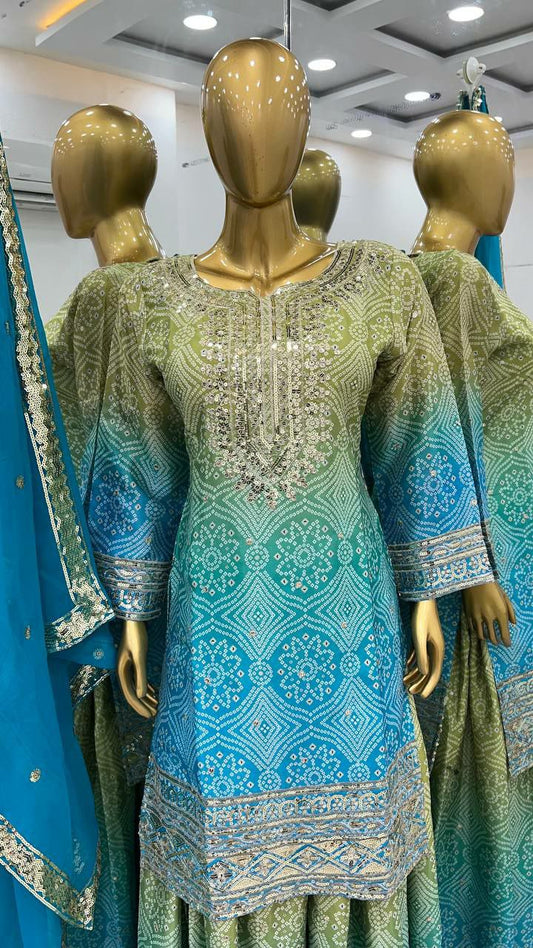 Heavy Chinon With Digital Print With Embroidery Sequence Work With Heavy With Full Sleeve Kurti