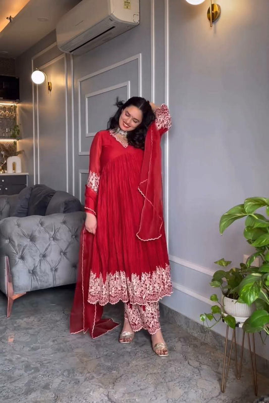 Pure Chinon Silk &amp; Crush With Embroidery Work With Fancy Full Sleeves Gown