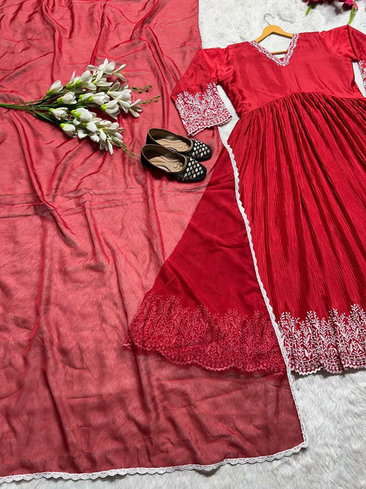 Pure Chinon Silk &amp; Crush With Embroidery Work With Fancy Full Sleeves Gown