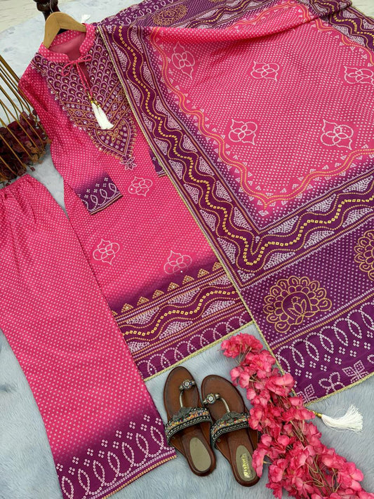 Heavy Chinon Silk With Digital Print With Riyal Mirror Hand Work With Sleeves With Tassels &amp; Latkan