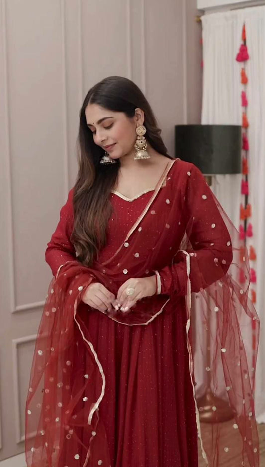 CROCHIT Work Georgette With Embroidery Work With Fancy Full Sleeve