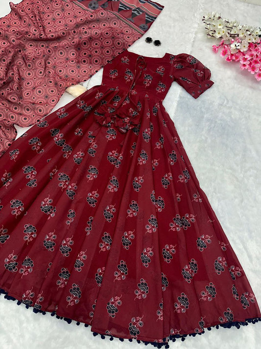 pure Soft Cotton printed Anarkali huge 8 mtr flair suit with Lace border