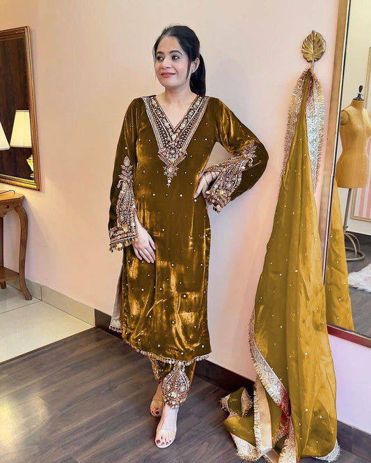 Heavy Pure Viscose Velvet With Embroidery 5 mm Sequence Work With Rivet Moti Work With Fancy Coin Latkan With Fancy Bell Sleeve